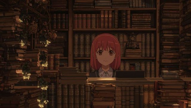 Teenage asian student studying in vintage library with glowing vines