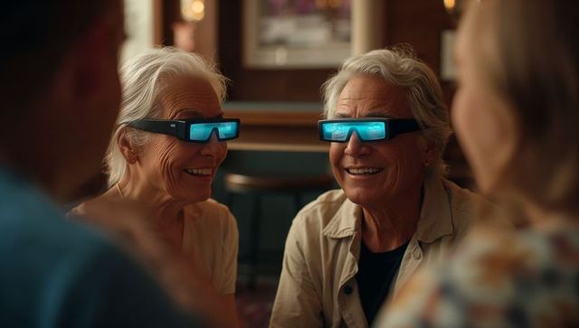 Senior women wearing ar glasses in cozy bar engaged in conversation