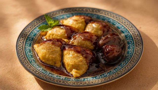 Golden syrup dumplings on ornate turquoise-gold plate with mint garnish and glossy glaze