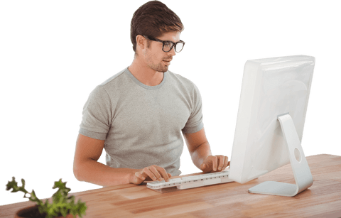 Transparent Hipster Working at Desk with Modern Computer - Download Free Stock Videos Pikwizard.com