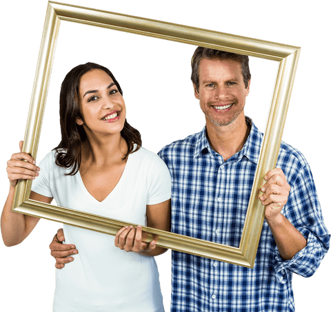 Happy couple holding transparent frame smiling portrait bold