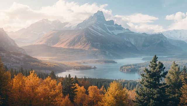 Breathtaking mountain landscape with glacial lake and autumn foliage