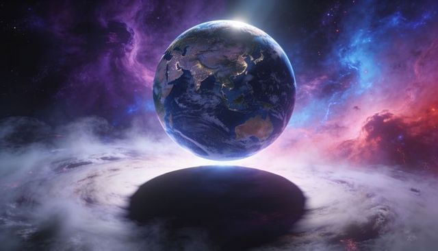 Earth floating above swirling cosmic disk with night lights along terminator nebula
