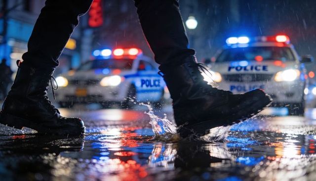 Splashing combat boots walking past police cruisers on rainy neon city street at night