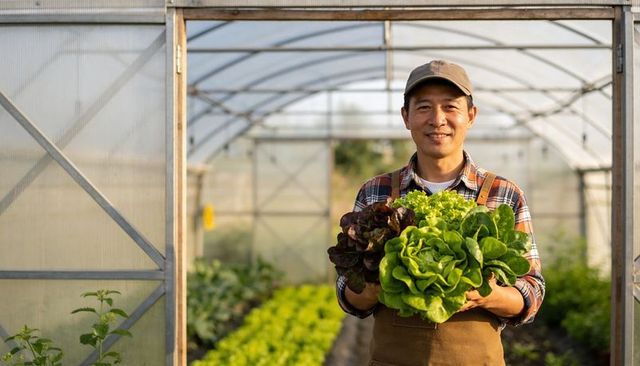 Greenhouse farmer holding fresh mixed lettuce harvest, smiling and presenting produce