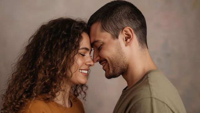 Intimate couple touching foreheads sharing smile warm tones tenderness connection