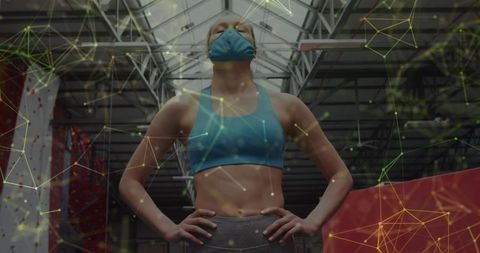 Masked Athlete in Gym Enveloped in Geometric Connections