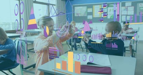 Elementary students interacting with augmented data visualizations in modern classroom