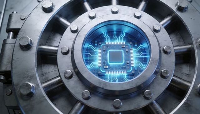 Glowing microchip inside industrial vault flange, secure processor technology concept