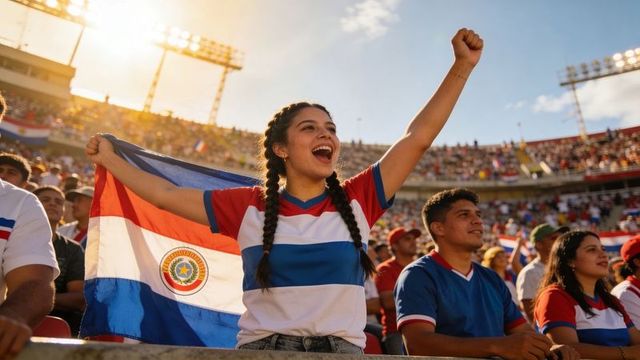 Triumphant paraguayan fan cheering and waving national flag in sunlit football stadium