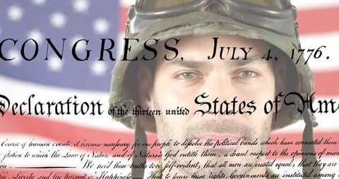 American Soldier Overlaid with Declaration of Independence Text