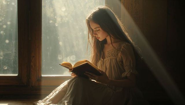 Teen girl reading by sunlit window in vintage dress, serene introspective portrait