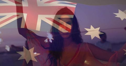 Woman Celebrating at Beach with Australian Flag Overlay at Dusk