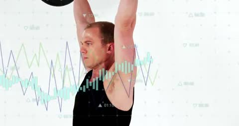 Weightlifter Performing Overhead Press with Animated Fitness Data and Performance Charts