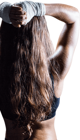Transparent view of female boxer with long hair reflecting strength