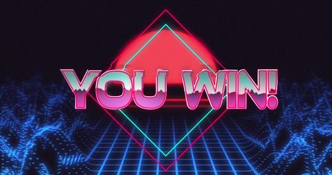 Retro game you win screen in neon lines with digital background