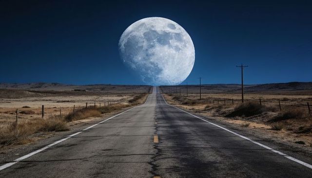 Two-lane highway stretching toward oversized full moon over arid plain at night, cinematic