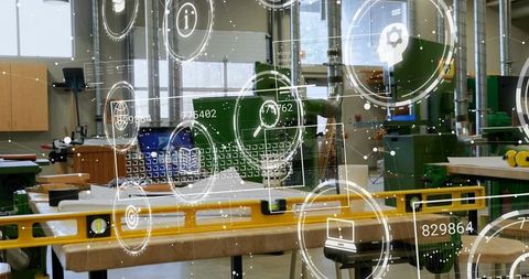 Makerspace woodworking bench showcasing augmented reality HUD overlay with tools