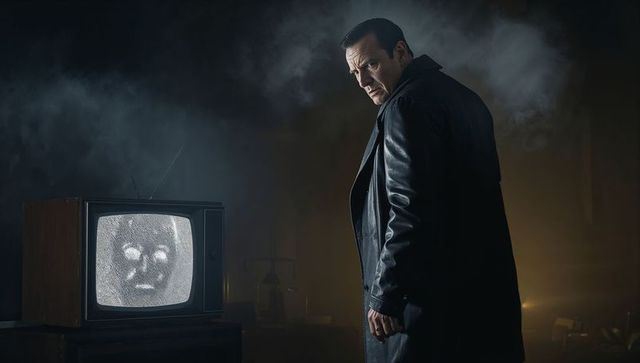 Detective in Trench Coat Investigating Ghostly Presence on CRT TV