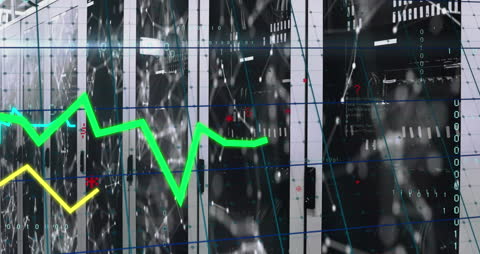 Digital Data Charts Overlaid on Server Room Background