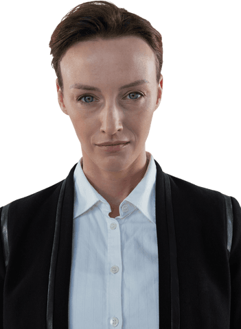 Transparent confident businesswoman staring intently at camera