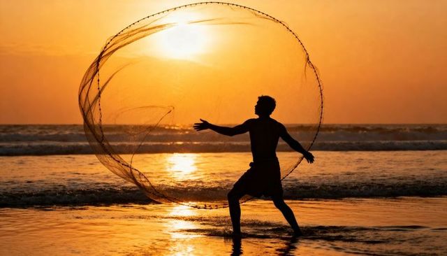 Fisherman casting circular net at golden sunset on tropical beach, dramatic silhouette