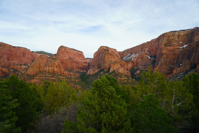 Red rock formations rise above lush green forests creating a stunning vista. Perfect for travel magazines, tourism websites, nature blogs, or anything promoting adventure and outdoor activities.