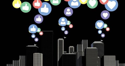 social media icons floating above city silhouette - Download Free Stock Images Pikwizard.com