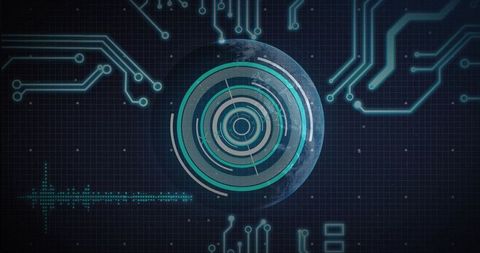 Futuristic globe with digital circuitry and hud interface