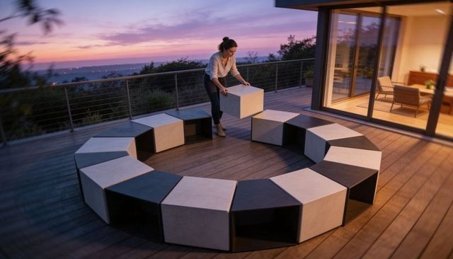 Woman assembling modular ring seating on sunset deck at dusk