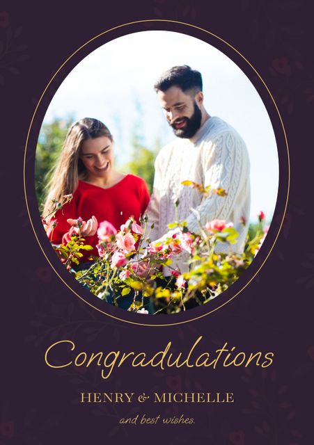 Congratulatory card featuring a happy Caucasian couple smiling together in a garden with various flowers. Ideal for celebrating milestones like engagements, weddings, or anniversaries, and for offering warm wishes on special occasions.