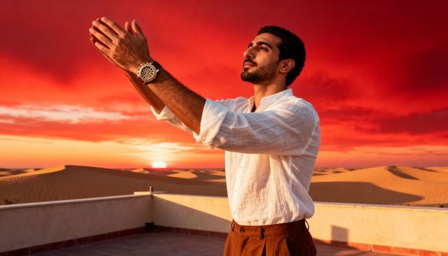 Man on rooftop raising hands toward desert sunset wearing white linen shirt and gold watch