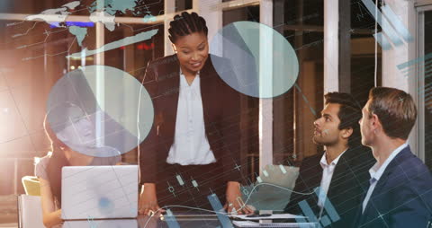 Diverse Team Discussing Financial Data with Mixed Reality Digital Overlay