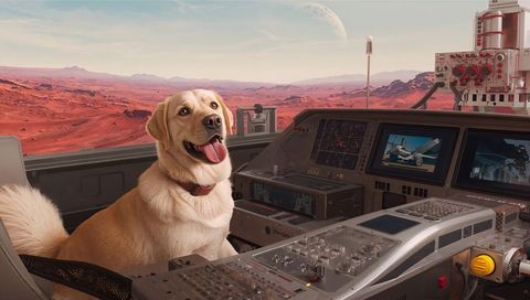 Golden Labrador Piloting Futuristic Mars Cockpit with Red Planet Desert Vista