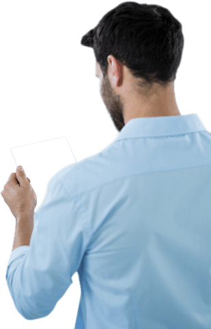 man holding transparent tablet facing away casual light blue shirt - Download Free Stock Videos Pikwizard.com