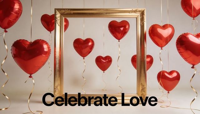 Golden ornate frame framing floating red heart balloons with celebrate love typography