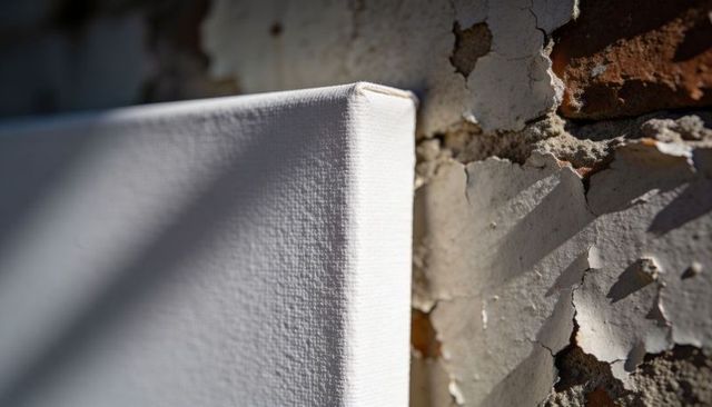 Primed canvas edge leaning against peeling brick wall with textured weave and shadows