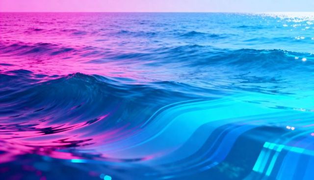 Neon ocean waves reflecting cyan and magenta light, glassy gradient horizon glow, surreal