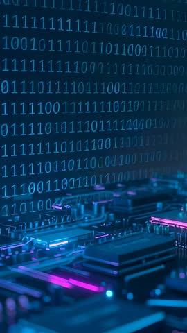 Streaming Binary Over Neon Motherboard Panning Across CPU Socket Vertical Tech Video