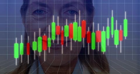 Senior woman studying candlestick stock chart hologram on futuristic grid overlay finance