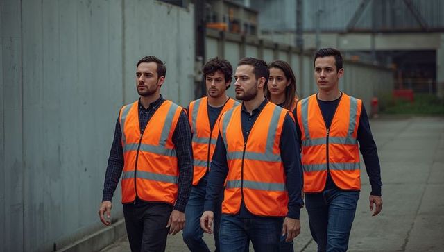 Engineers Walking with Determination in Industrial Setting Wearing Safety Gear