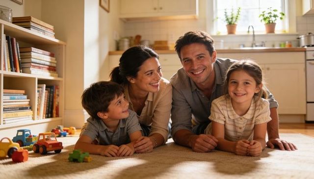 Smiling family of four lying on beige rug playing together in sunny kitchen with toys and bookshelf