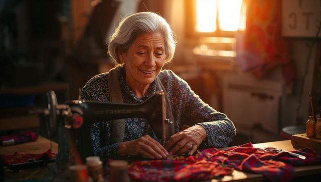 Guiding vibrant fabric on vintage sewing machine during golden hour, smiling warmly