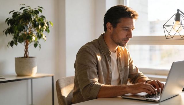 Man working remotely at home office by window with laptop and indoor plant natural light
