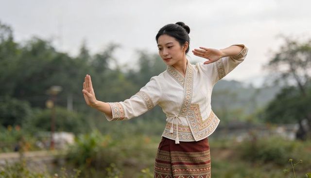 Woman performing traditional dance wearing embroidered jacket and woven skirt in meadow