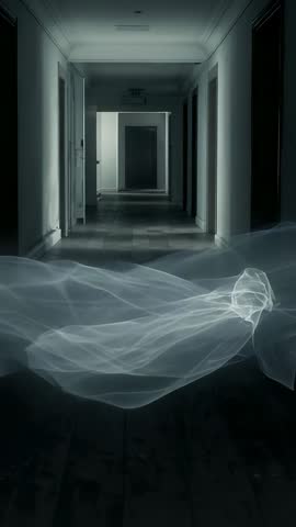 Vertical video showing glowing ribbon of light gliding along hallway floor, dissipating into wall