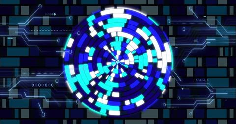 Futuristic segmented data wheel on digital grid interface