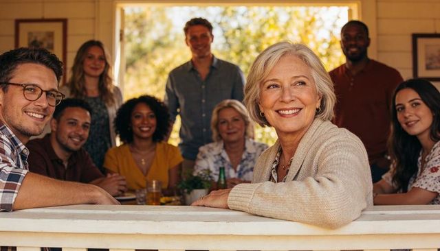Smiling senior woman leaning on porch railing with multigenerational family gathering