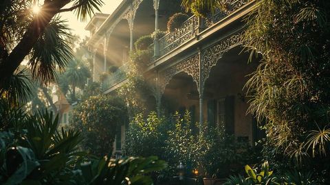 Sunlit victorian veranda with lush louisiana tropical foliage