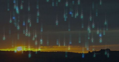 Digital Rain Over Sunset Ridge: Binary Data Columns Veiling Dusk Horizon with Teal Glow